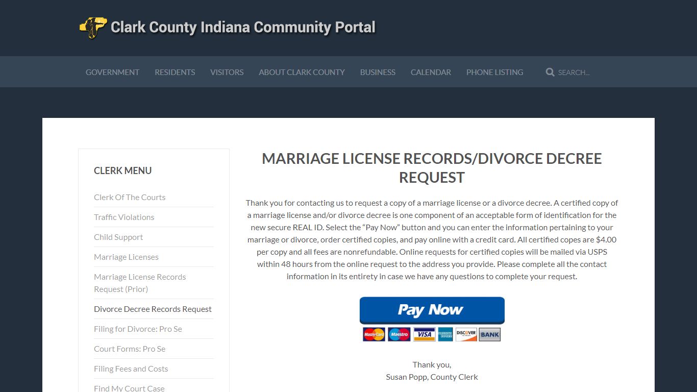 Clark Co Clerk's Office - Divorce Decree Records Request - Indiana